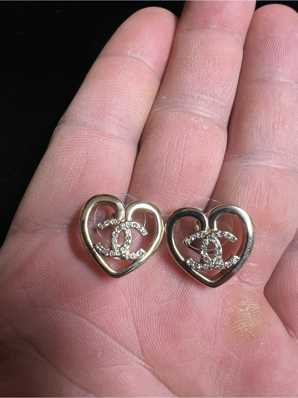 ChaneI Heart with Faux Crystal Stud Earrings For Pierced Ears NEW